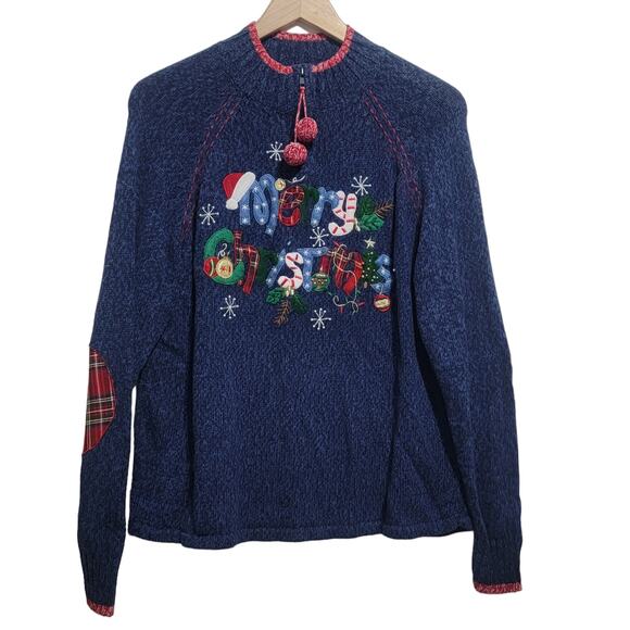 Heirloom Collections Merry Christmas Applique Ugly Sweater Mock Neck Large - Picture 1 of 8